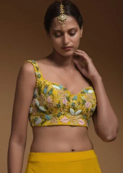 Sun Yellow Skirt, Crop Top And Jacket With 3D Flowers And Embossed Embroidery