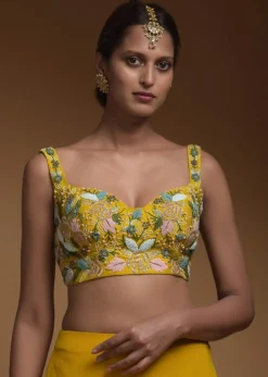 Sun Yellow Skirt, Crop Top And Jacket With 3D Flowers And Embossed Embroidery