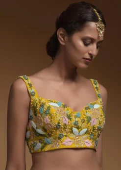 Sun Yellow Skirt, Crop Top And Jacket With 3D Flowers And Embossed Embroidery