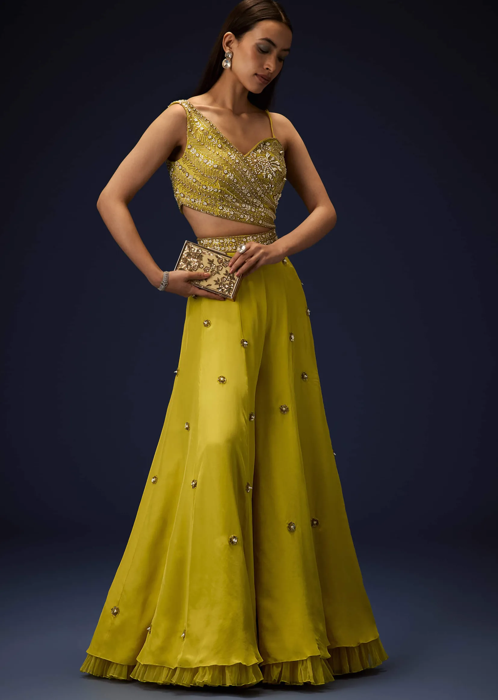 Sunglow Mustard Hand Embroidered Double Layer Frill Jumpsuit