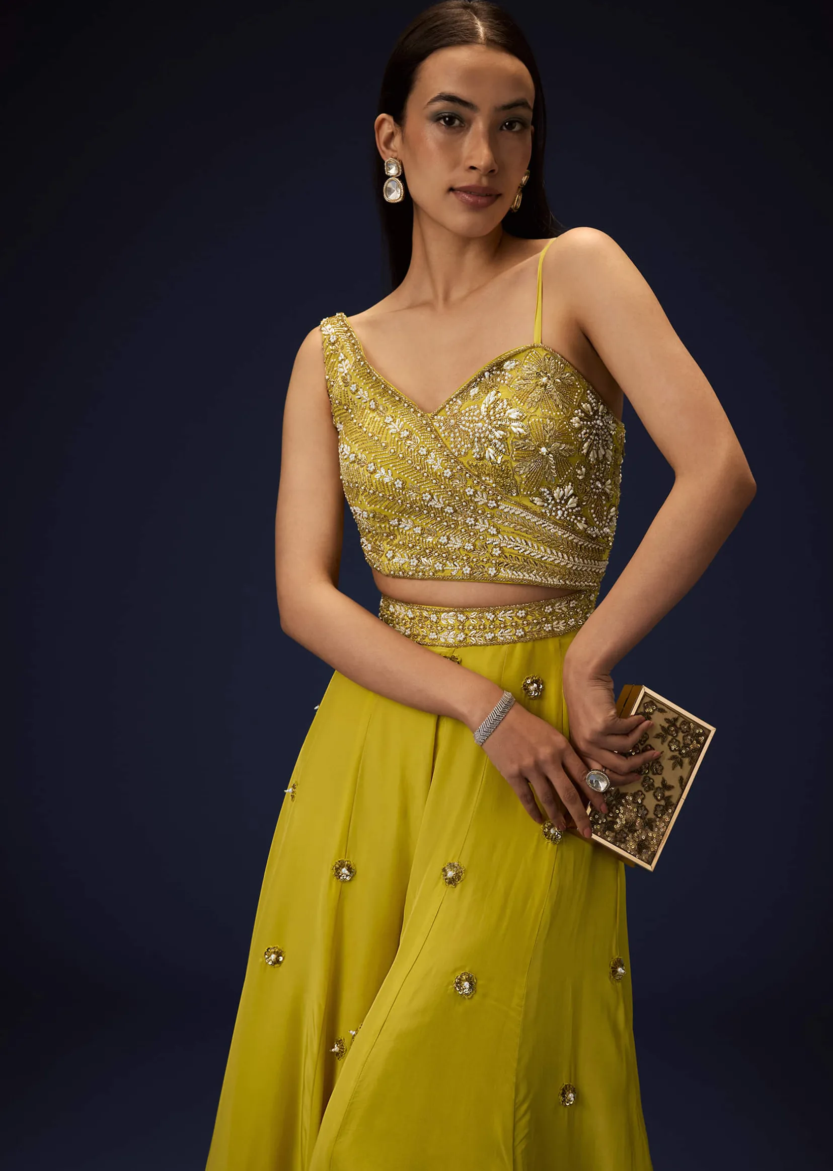 Sunglow Mustard Hand Embroidered Double Layer Frill Jumpsuit
