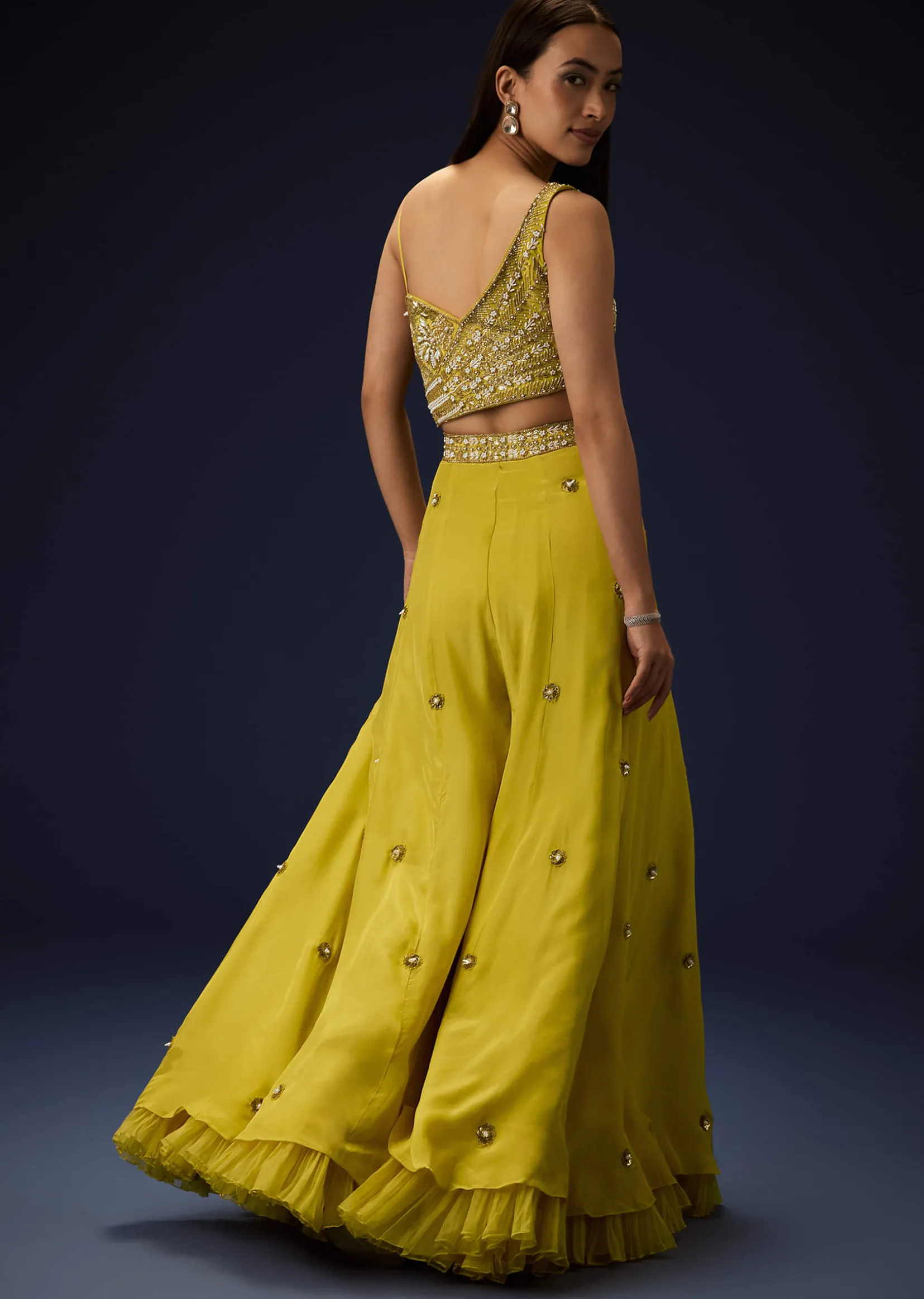 Sunglow Mustard Hand Embroidered Double Layer Frill Jumpsuit