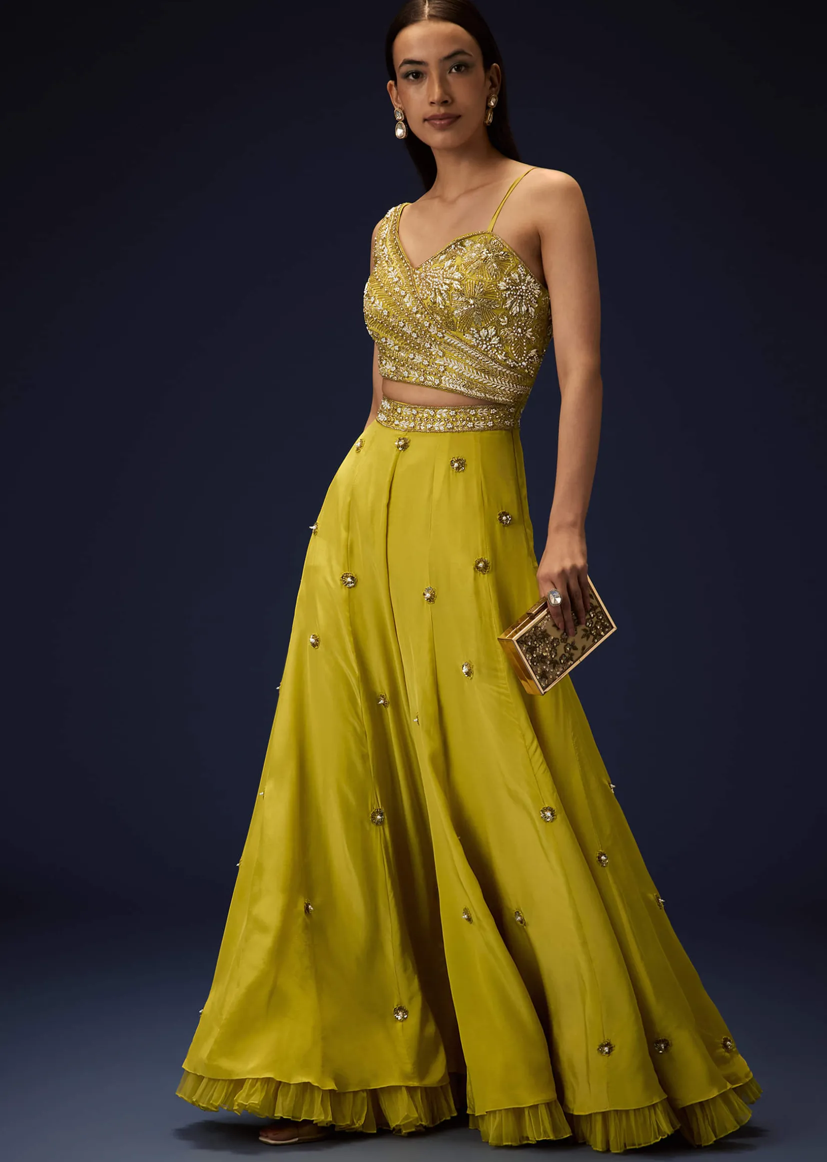 Sunglow Mustard Hand Embroidered Double Layer Frill Jumpsuit
