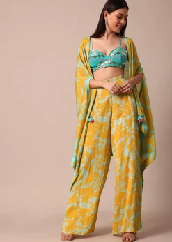 Sunshine Yellow Floral Printed Palazzo With Jacket And Sky Blue Sequence Embroidered Crop Top