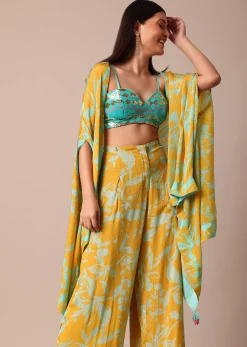 Sunshine Yellow Floral Printed Palazzo With Jacket And Sky Blue Sequence Embroidered Crop Top