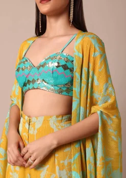 Sunshine Yellow Floral Printed Palazzo With Jacket And Sky Blue Sequence Embroidered Crop Top