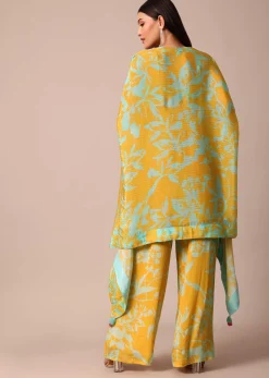 Sunshine Yellow Floral Printed Palazzo With Jacket And Sky Blue Sequence Embroidered Crop Top