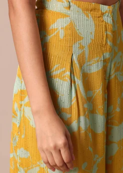 Sunshine Yellow Floral Printed Palazzo With Jacket And Sky Blue Sequence Embroidered Crop Top