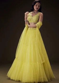 Sunshine Yellow Net Hand Embroided Pearl Work Lehenga Set