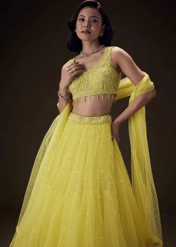 Sunshine Yellow Net Hand Embroided Pearl Work Lehenga Set