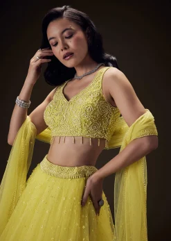 Sunshine Yellow Net Hand Embroided Pearl Work Lehenga Set