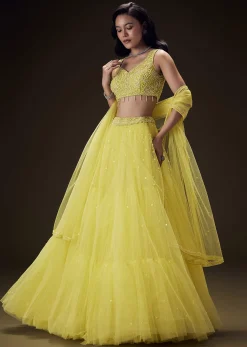 Sunshine Yellow Net Hand Embroided Pearl Work Lehenga Set