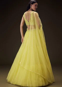Sunshine Yellow Net Hand Embroided Pearl Work Lehenga Set