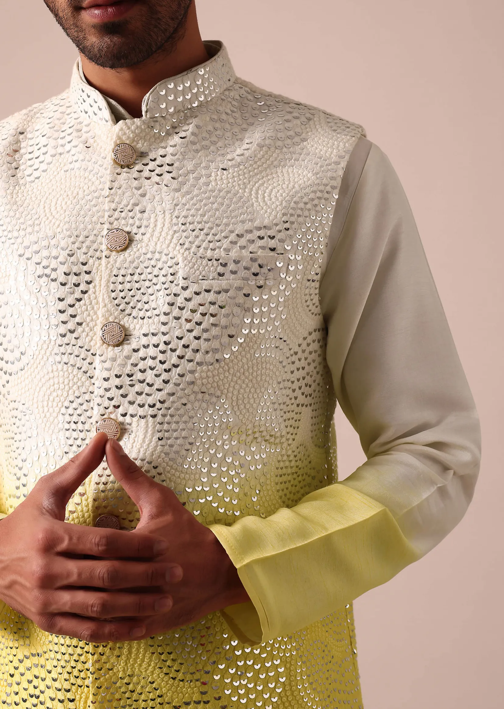 Sunshine Yellow Ombre Silk Jacket Kurta Set For Men