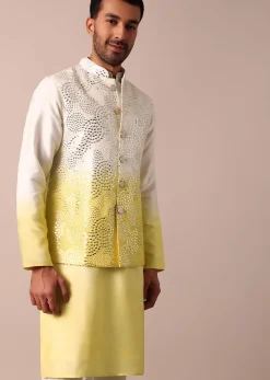 Sunshine Yellow Ombre Silk Jacket Kurta Set For Men