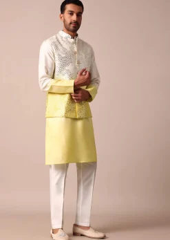 Sunshine Yellow Ombre Silk Jacket Kurta Set For Men