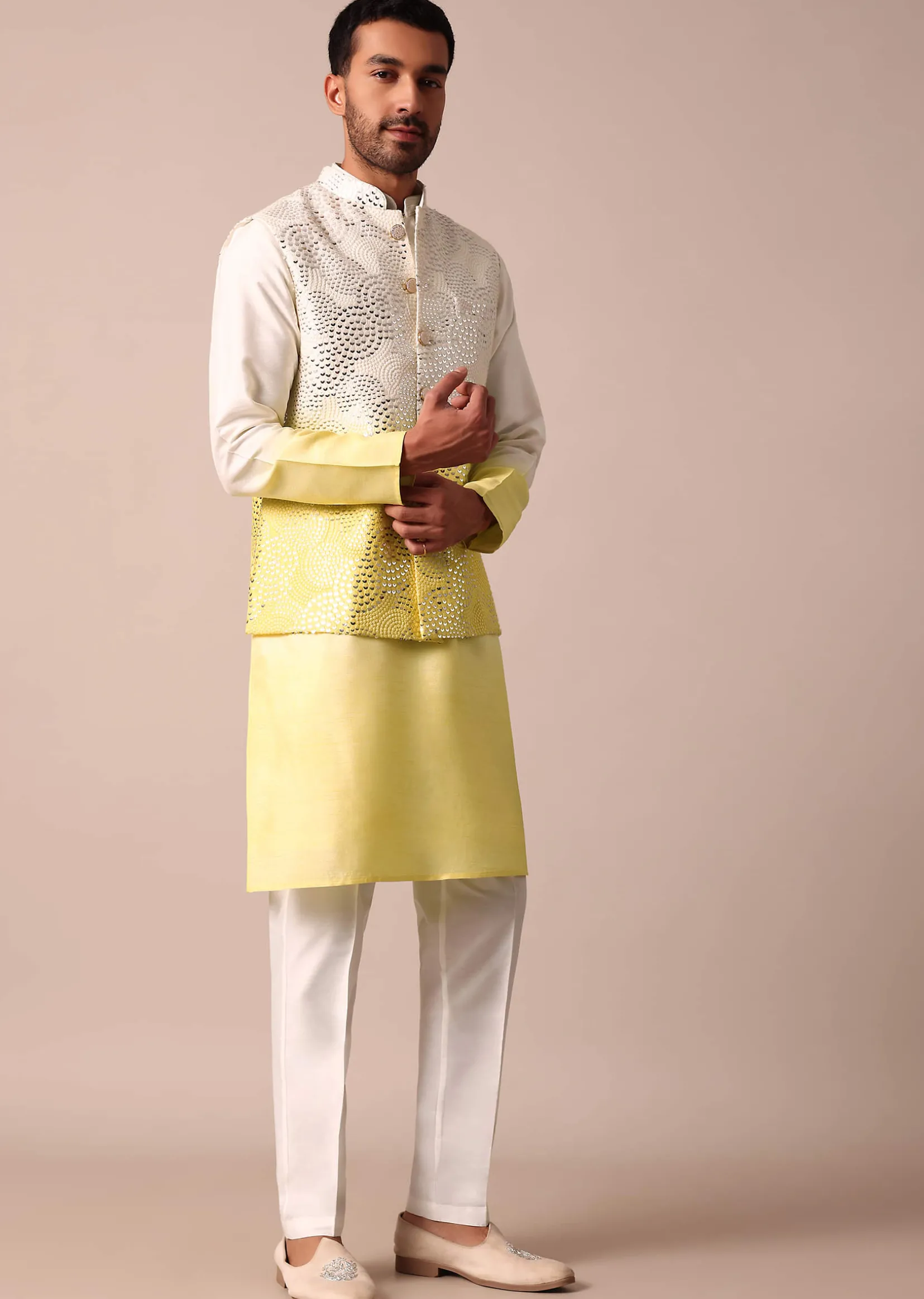 Sunshine Yellow Ombre Silk Jacket Kurta Set For Men