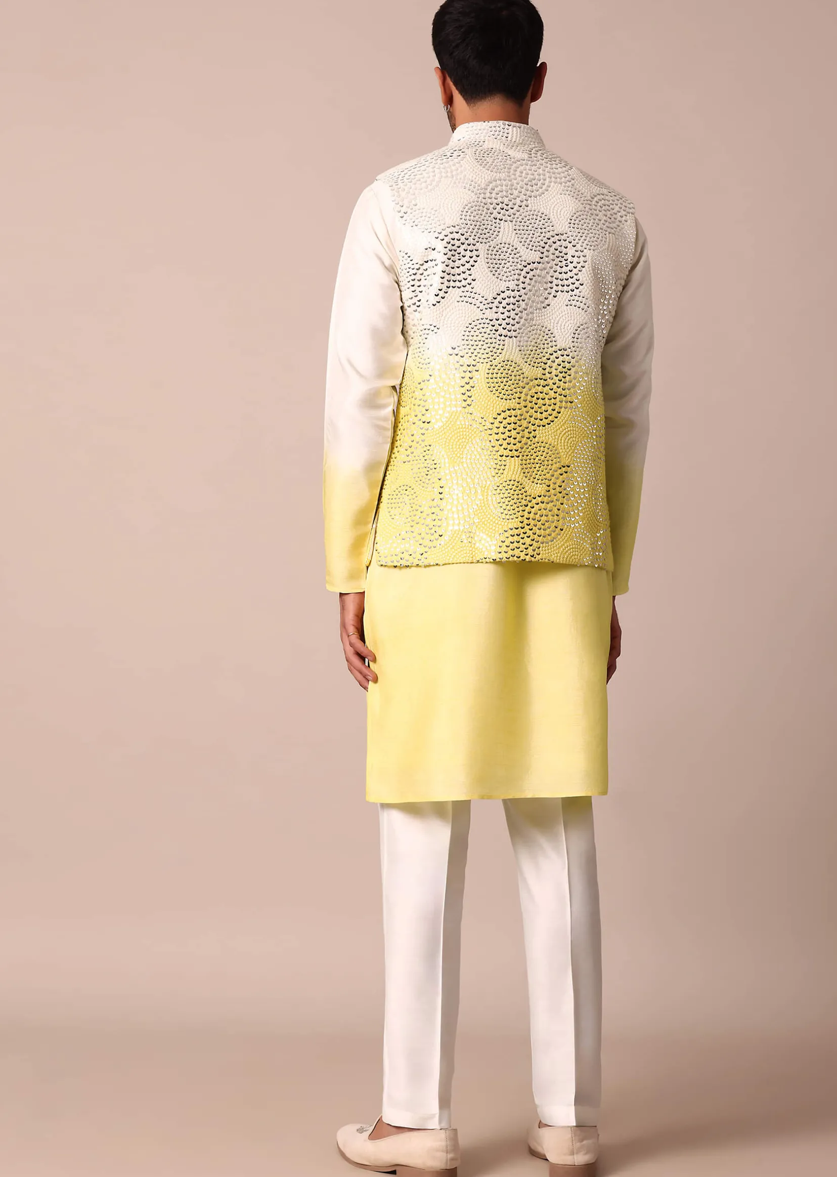 Sunshine Yellow Ombre Silk Jacket Kurta Set For Men