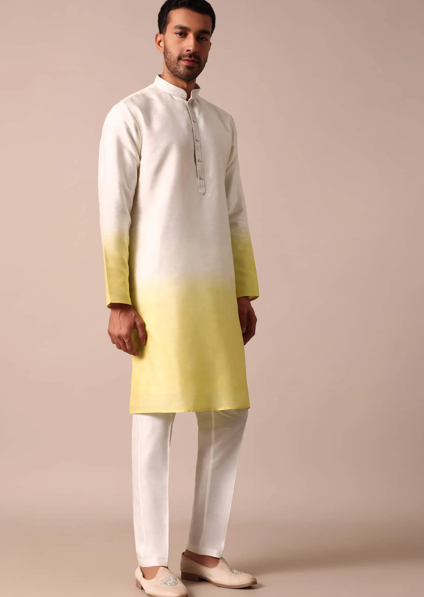 Sunshine Yellow Ombre Silk Jacket Kurta Set For Men