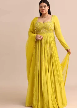 Sweetheart Neck Embroidered Crepe Yellow Anarkali Suit