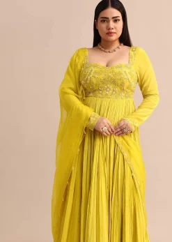 Sweetheart Neck Embroidered Crepe Yellow Anarkali Suit