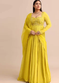 Sweetheart Neck Embroidered Crepe Yellow Anarkali Suit