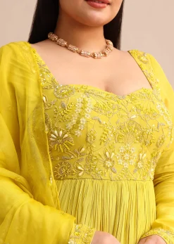 Sweetheart Neck Embroidered Crepe Yellow Anarkali Suit