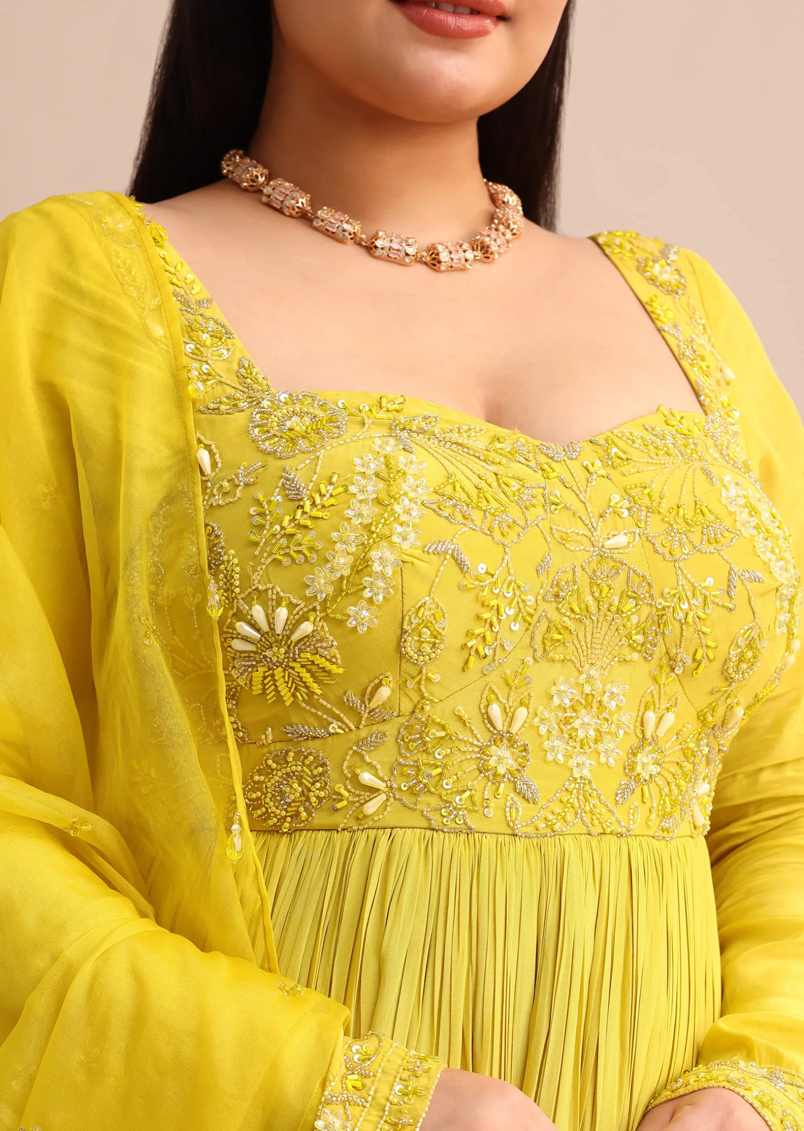 Sweetheart Neck Embroidered Crepe Yellow Anarkali Suit