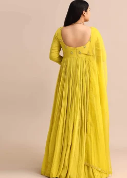 Sweetheart Neck Embroidered Crepe Yellow Anarkali Suit