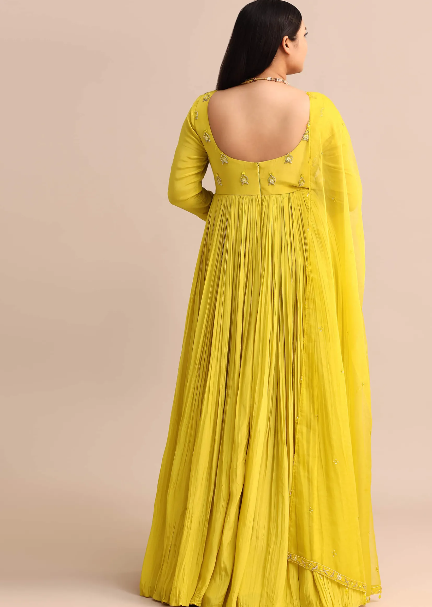 Sweetheart Neck Embroidered Crepe Yellow Anarkali Suit
