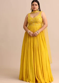Sweetheart Neck Yellow Embroidered Anarkali Suit With Choker Dupatta