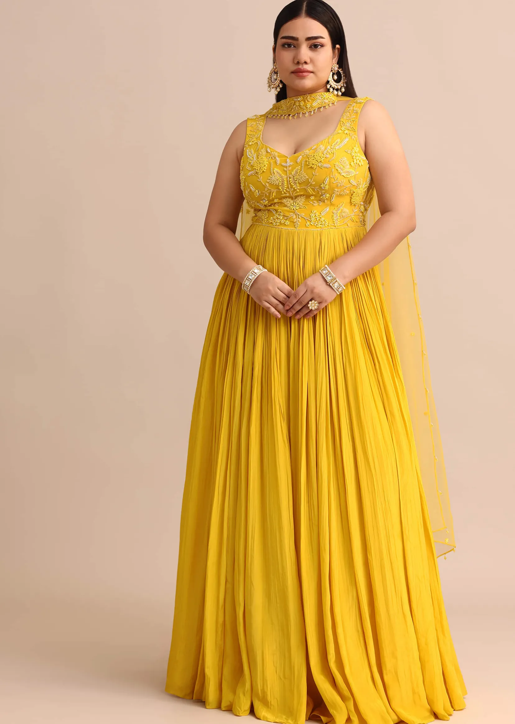 Sweetheart Neck Yellow Embroidered Anarkali Suit With Choker Dupatta