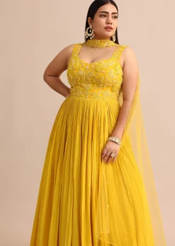 Sweetheart Neck Yellow Embroidered Anarkali Suit With Choker Dupatta