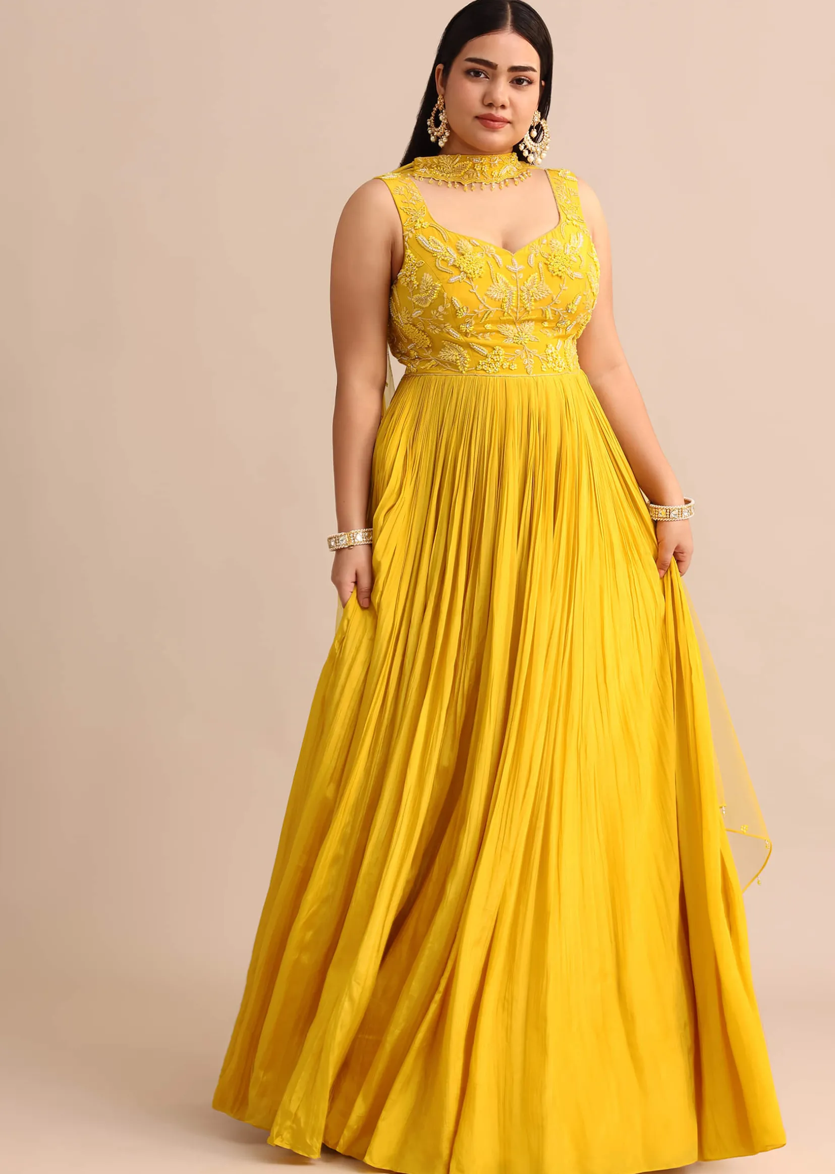 Sweetheart Neck Yellow Embroidered Anarkali Suit With Choker Dupatta