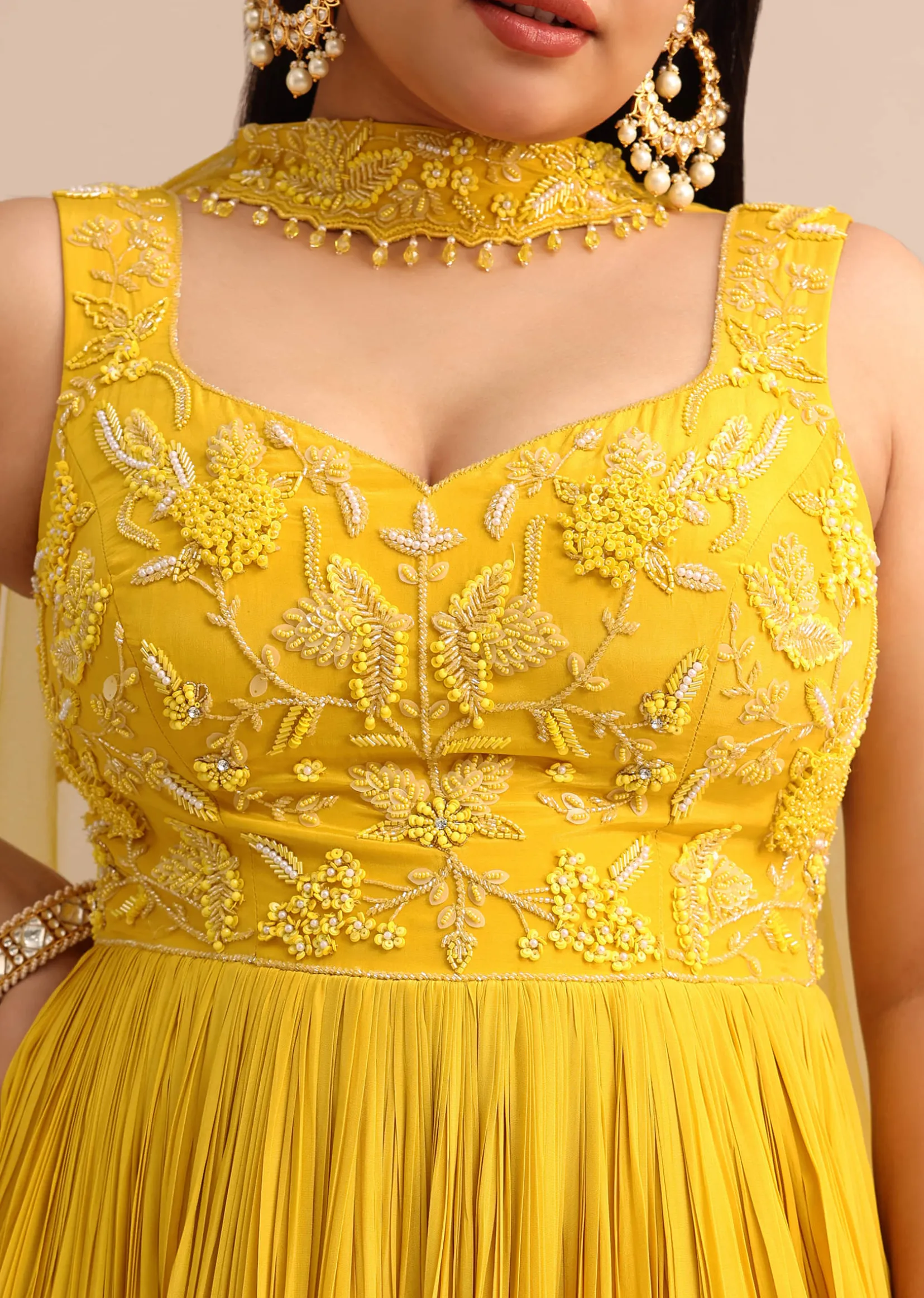 Sweetheart Neck Yellow Embroidered Anarkali Suit With Choker Dupatta