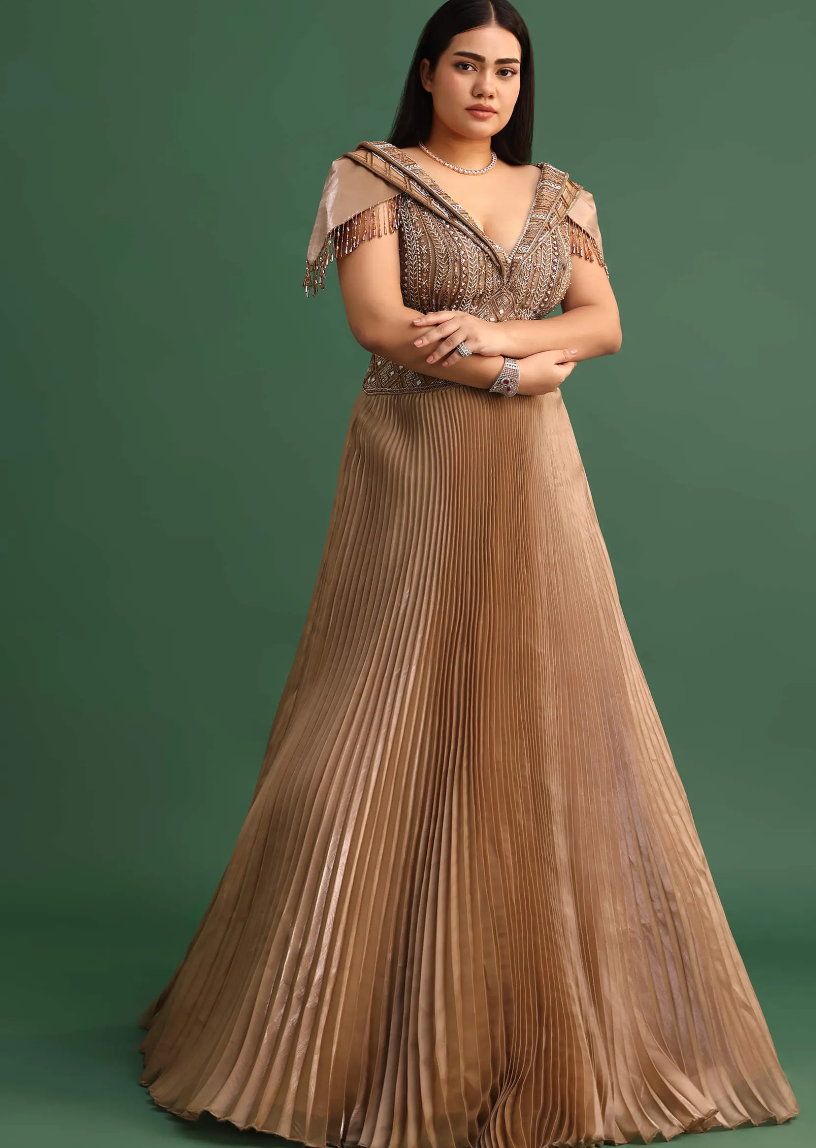 Tan Brown Pleated Circular Embroidered Gown