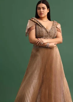 Tan Brown Pleated Circular Embroidered Gown