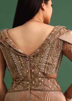 Tan Brown Pleated Circular Embroidered Gown