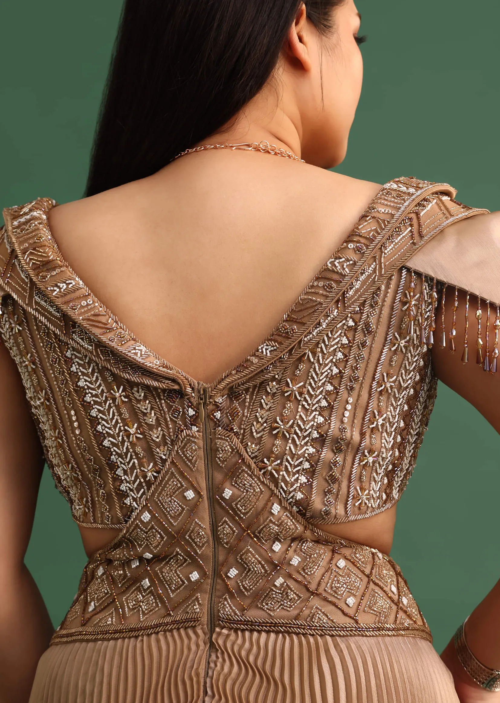 Tan Brown Pleated Circular Embroidered Gown