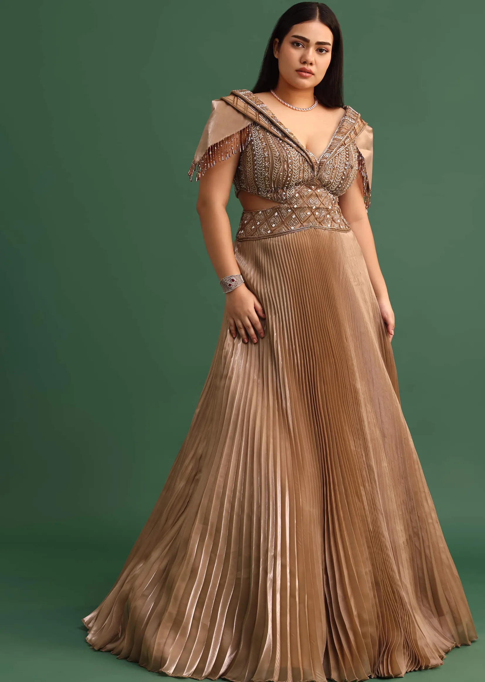 Tan Brown Pleated Circular Embroidered Gown