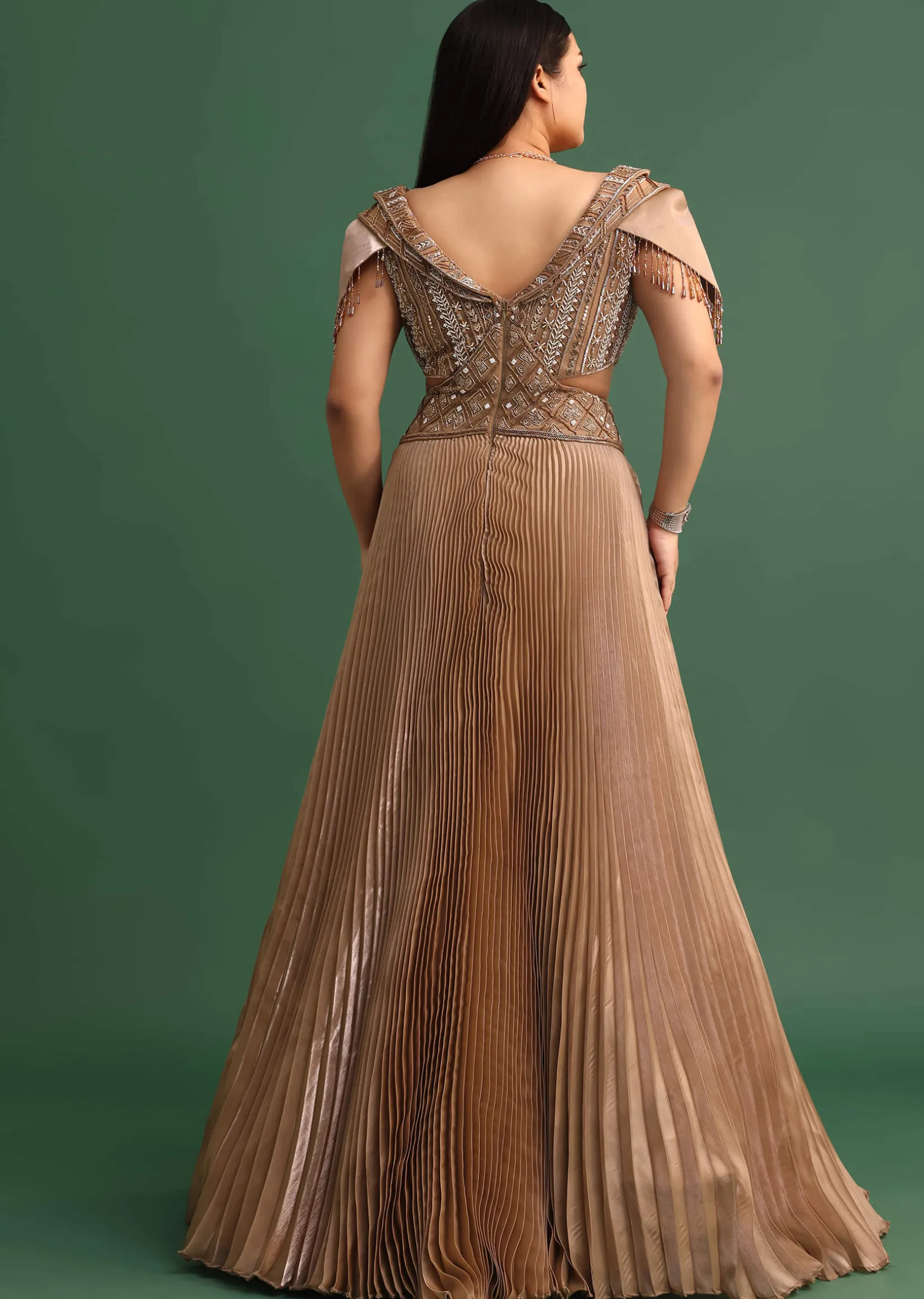 Tan Brown Pleated Circular Embroidered Gown