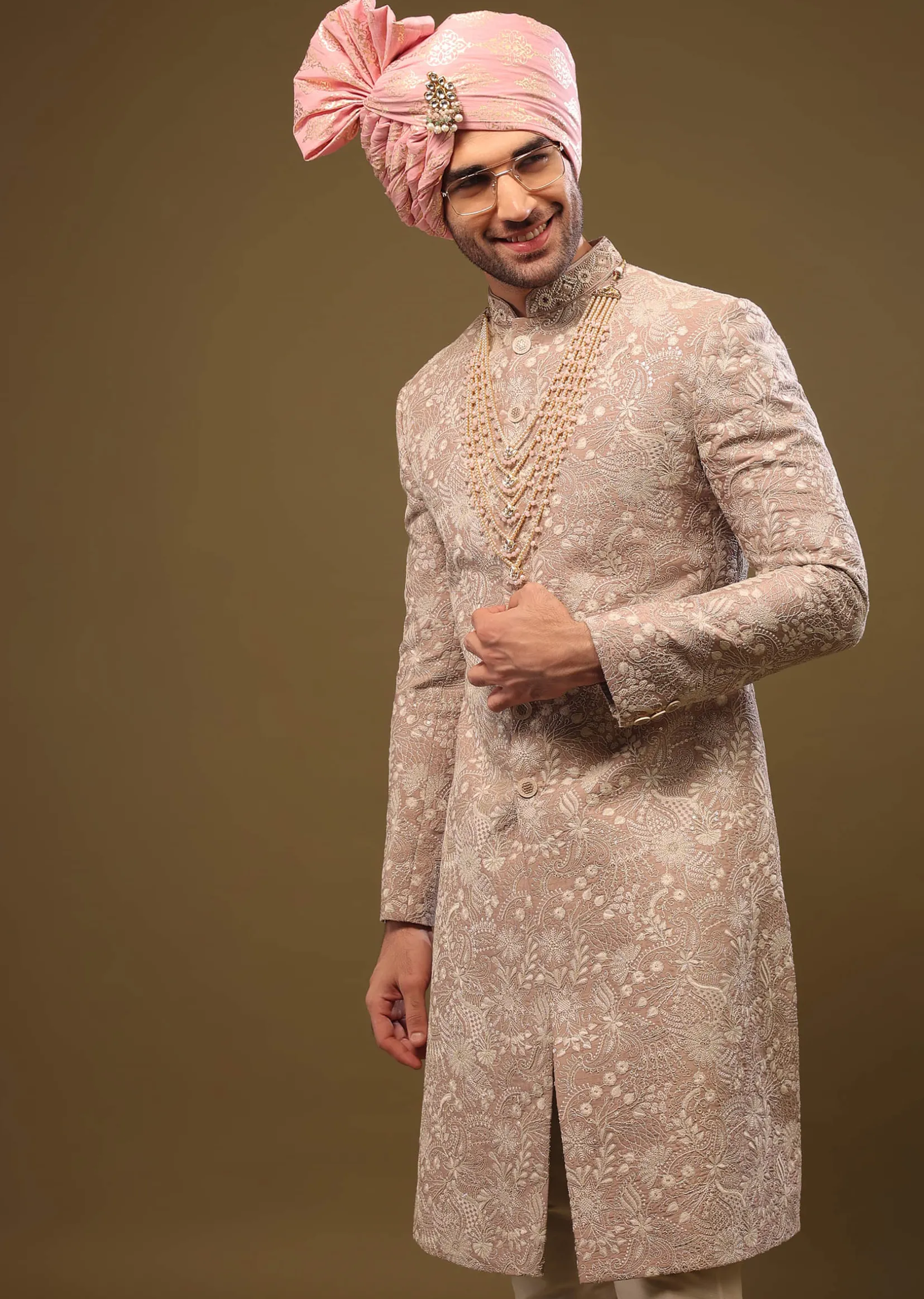 Tan Brown Silk Sherwani Set In Zari And Sequins Embroidery