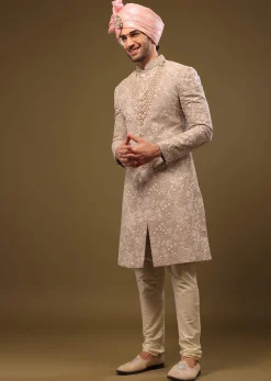 Tan Brown Silk Sherwani Set In Zari And Sequins Embroidery