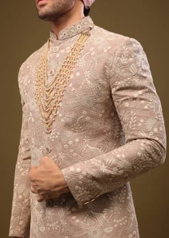 Tan Brown Silk Sherwani Set In Zari And Sequins Embroidery