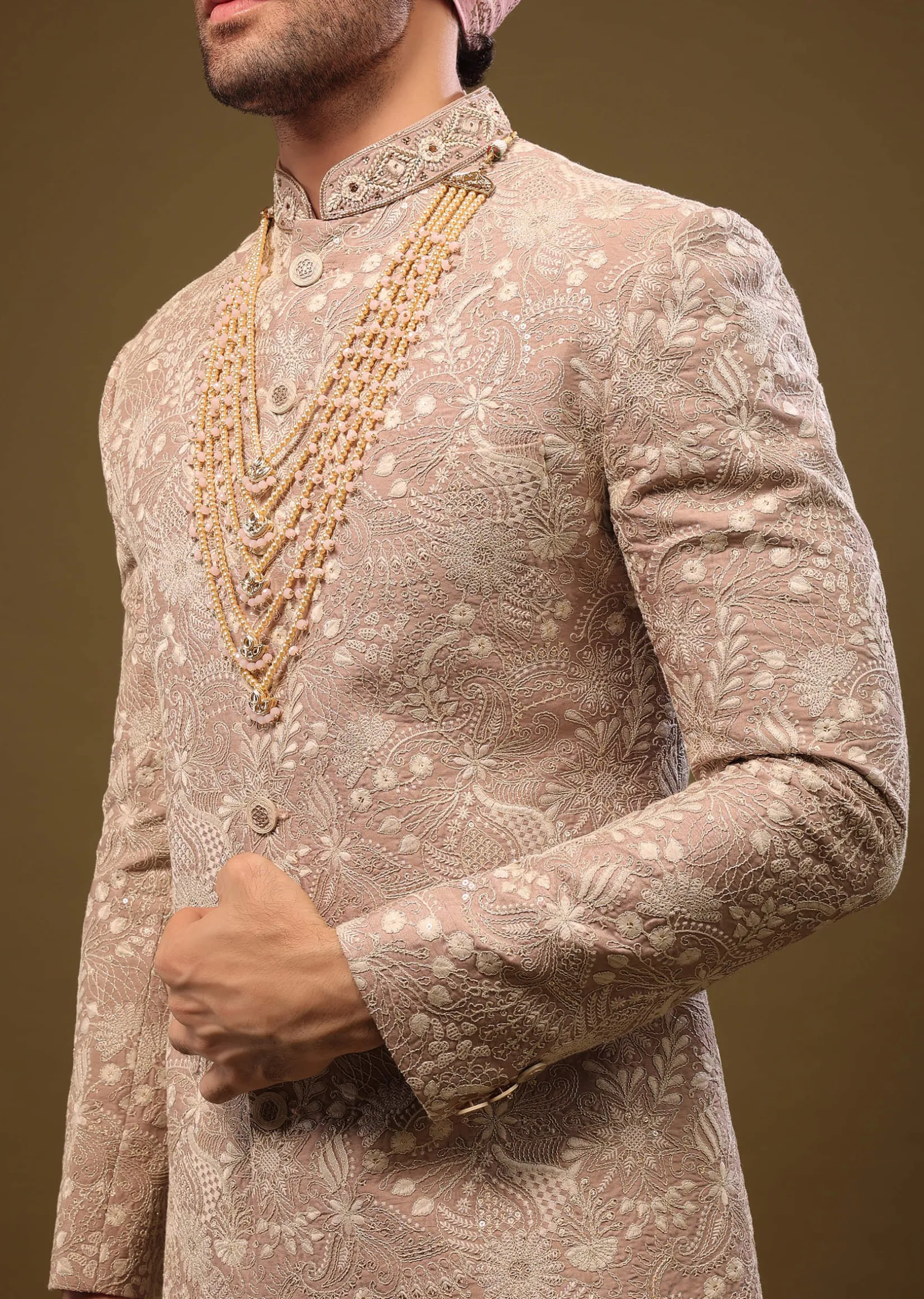 Tan Brown Silk Sherwani Set In Zari And Sequins Embroidery