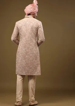 Tan Brown Silk Sherwani Set In Zari And Sequins Embroidery
