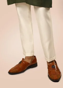 Tan Peshawari Footwear In Rexine And Suede Leather Embellished With A Brooch