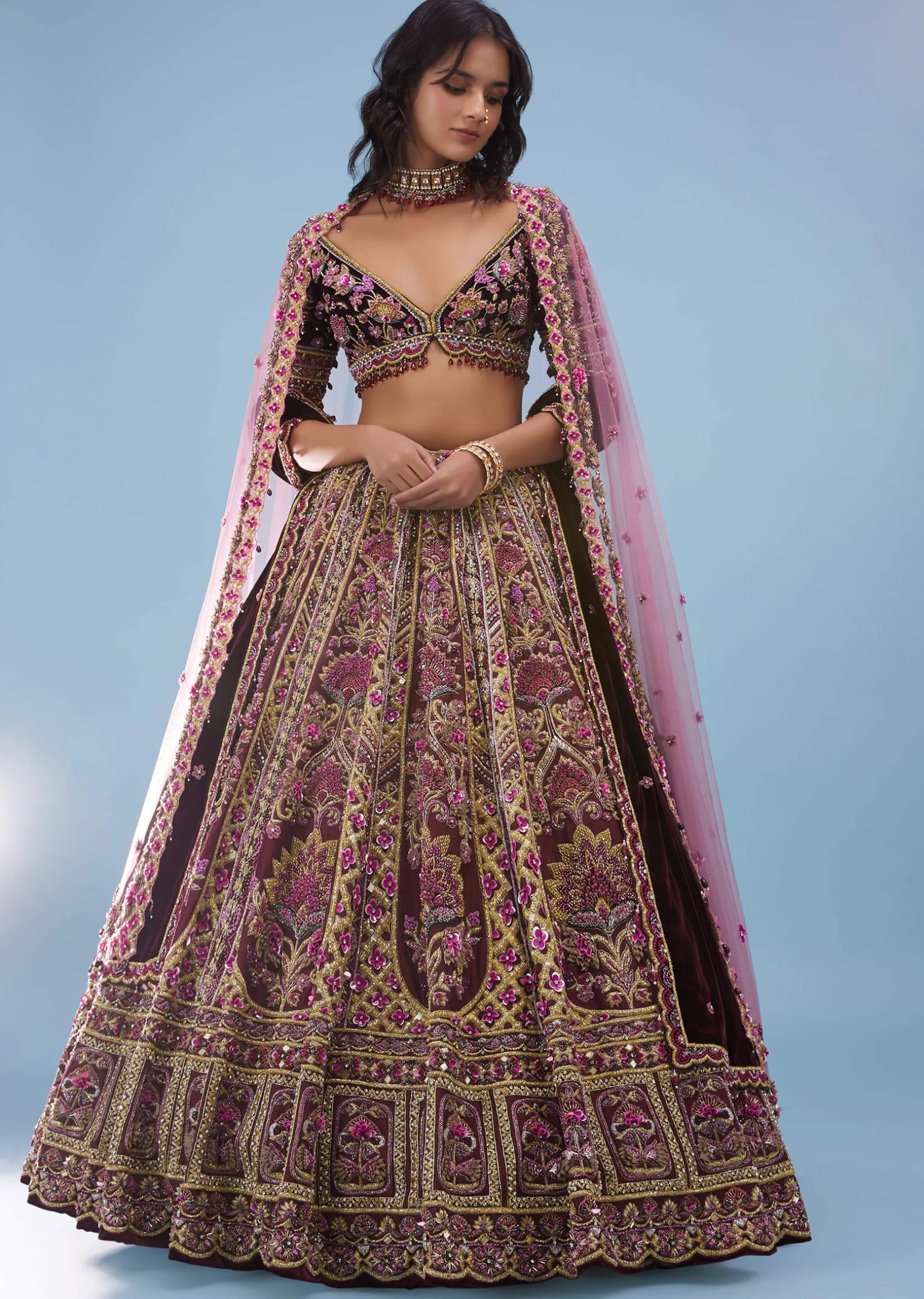 Tara Sutaria Accentuating Kalki Bridal Couture, Blood Red Heavily Embroidered Florid Lehenga Set - Noor 2022