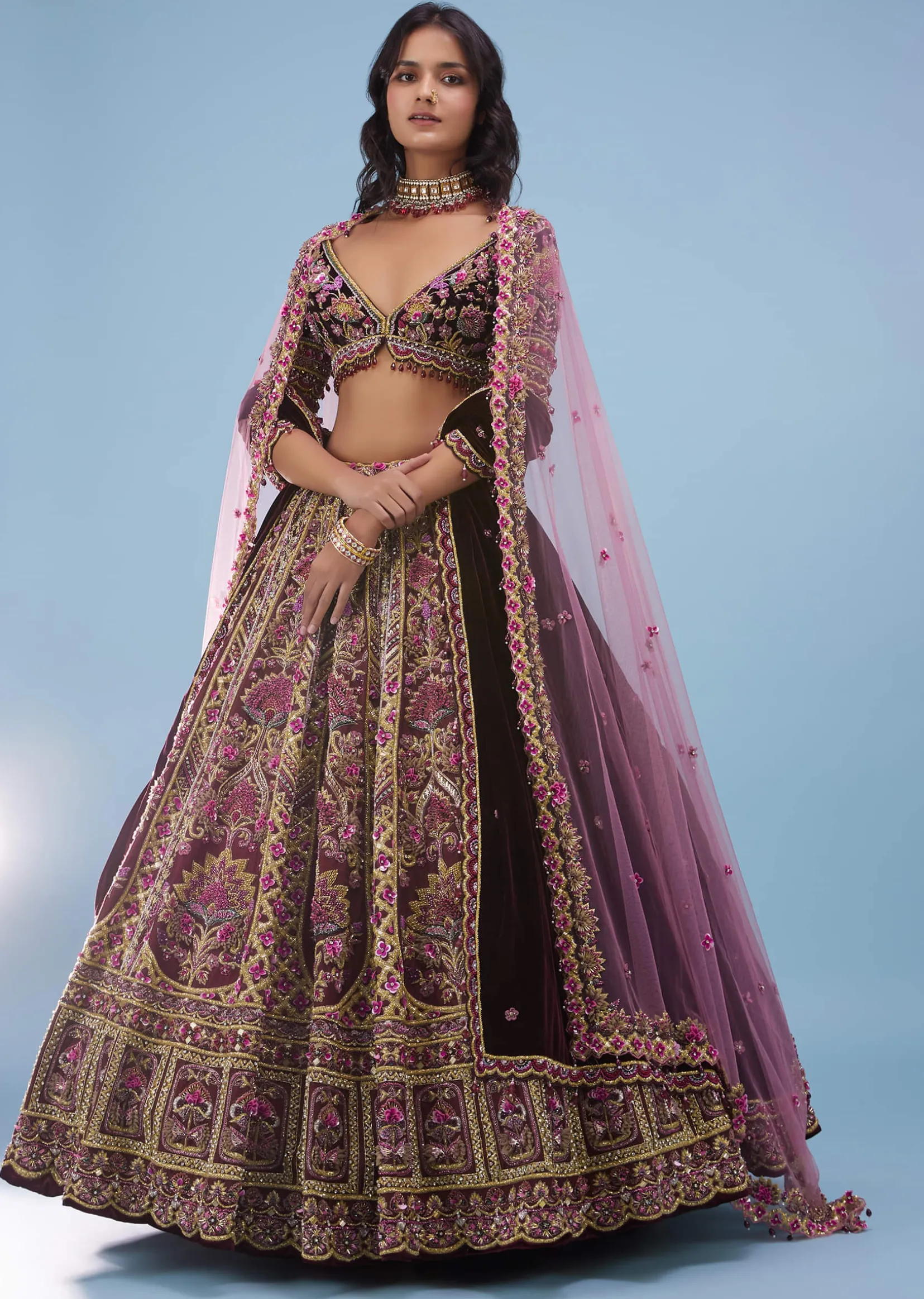 Tara Sutaria Accentuating Kalki Bridal Couture, Blood Red Heavily Embroidered Florid Lehenga Set - Noor 2022