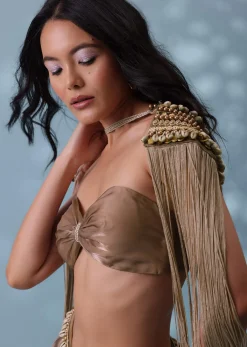 Taupe Brown Embroidered Cowl Lehenga And Cape Blouse In Shimmer Organza